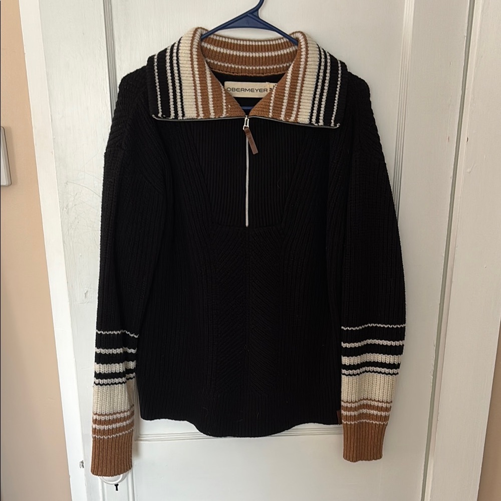 Obermeyer Black Sweater with Striped Collar and Sleeves
